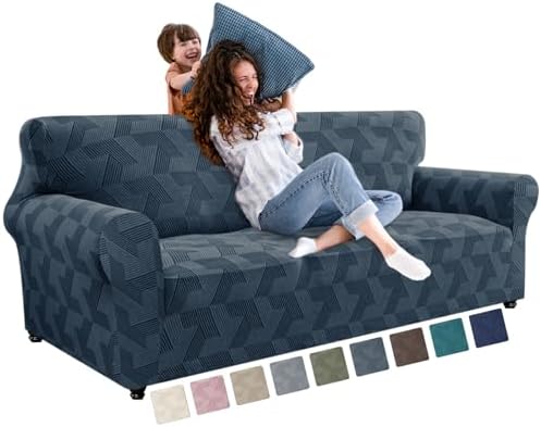 JIVINER 1 Piece Couch Cover for 3 Cushion Couch, High Stretch Sofa Covers with Elastic Bottom, Washable Sofa Slipcovers for Dog, Pets Feature Geometrical Jacquard Fabric (Sofa, Dark Grey)