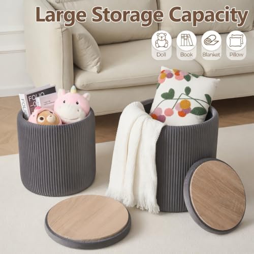 YYW HOME Round Ottoman with Storage Set of 2, Gray Vanity Stool Foot Rest