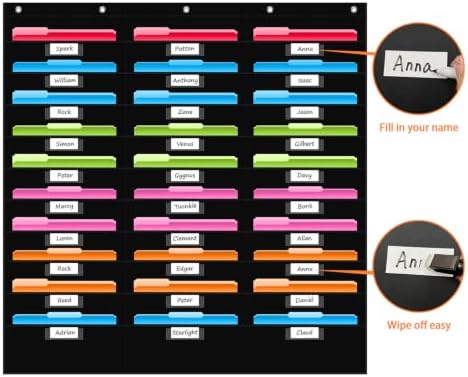 30 Pockets File Storage Pocket Chart with 30 Nametag Pockets, Hanging Wall File Organizer for Classroom and Office, Organize Your Assignments, Files, Scrapbooks, Paper (Black-30 Pockets)