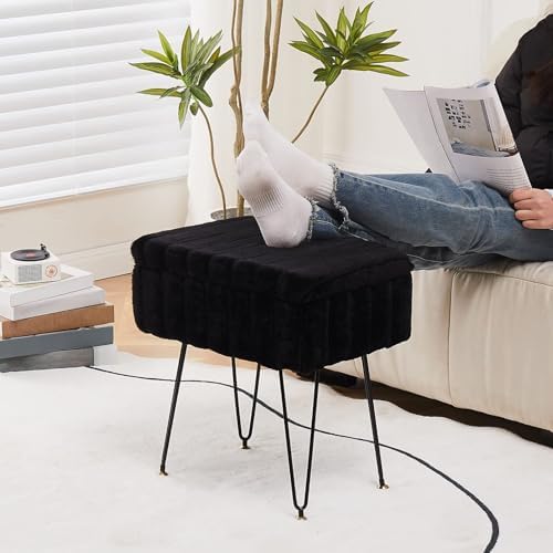 16.5" Faux Mink Fur Storage Ottoman Soft Footstool Vanity Chair Metal Legs