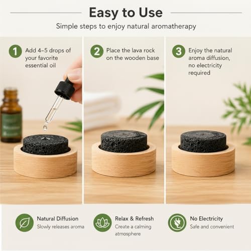 Chunful 2 Pcs Lava Rock Passive Diffuser for Essential Oils, Beech Wood