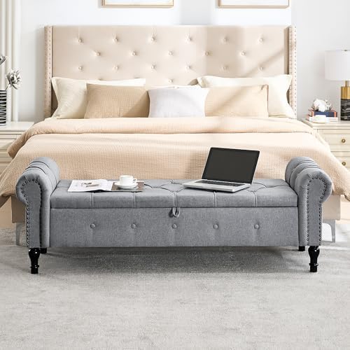 Storage Bench 67" Linen End of Bed Benches Grey