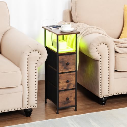 LOAKEKEL Narrow End Table with Charging Station, Small Nightstand