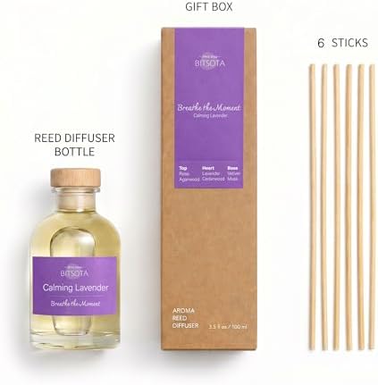 Natural Reed Diffuser Set, Calming Lavender 3.52 oz (100ml) Scented Diffuser with Sticks Home Fragrance Reed Diffuser for Bathroom Shelf Decor, Ideal Gift for Woman