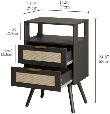 JOONEE Rattan Nightstand,Farmhouse Bedside Table with 2 Storage Drawer and Open Wood Shelf, for Bedroom and Small Spaces,Night Stand with Solid Wood Legs (Black)