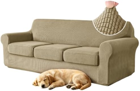 4 Pieces Stretch Couch Covers for 3 Cushion Sofa Cover Decorative Sofa Slipcover Non Slip Washable Thick Soft Elastic Furniture Protector for Pets,(Large, Sand)