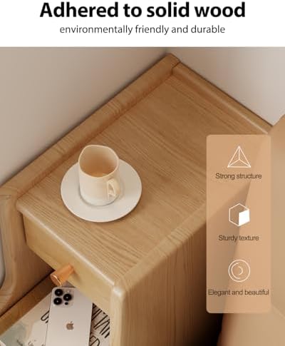 Solid Wood Narrow Nightstand with 3 Drawers,Modern Natural,Fully Assembled