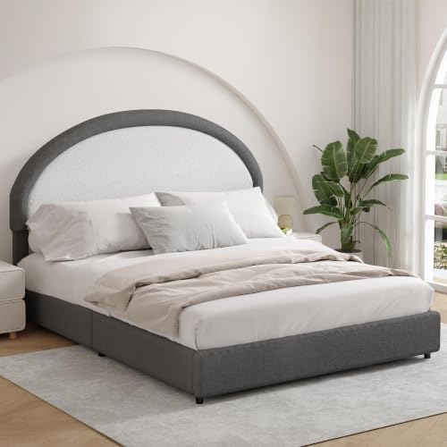 REVOMINCA Queen Upholstered Bed Frame, Boucle Queen Bed Frame with Headboard, Grey Bed Frame, Soft Rounded Corners, No Box Spring Required, Easy Assembly