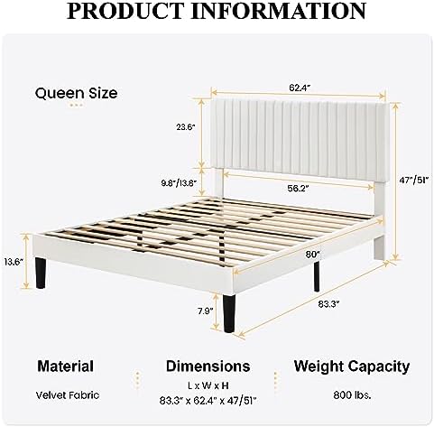 SHA CERLIN Queen Upholstered Platform Bed Frame with Vertical Channel Tufted Velvet Fabric Adjustable Headboard, Wooden Slats Support, Mattress Foundation, Box Spring Optional, White