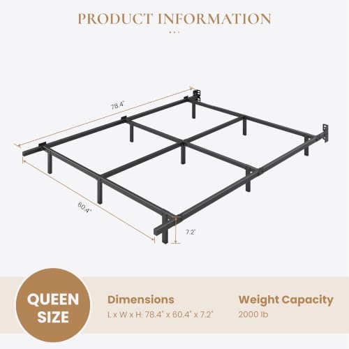SHA CERLIN 7 Inch Metal Bed Frame, 9-Leg Box Spring Base, Black, Queen