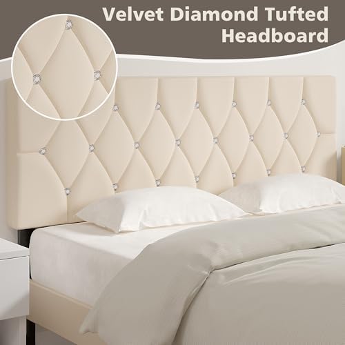 VECELO Tufted Upholstered Headboard King Size, with 6 Adjustable Height from 39.8" to 49.8", Button Diamond Design, Easy Assembly, Beige