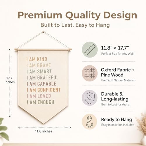 Kids Affirmations Wall Decor Banner, I Am Kind Smart Loved Enough Positive Hanging Sign, Motivational Fabric Poster for Nursery Classroom Playroom