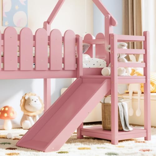Bellemave Low Loft Bed Twin with Slide and Lights Strip for Kids, Pink