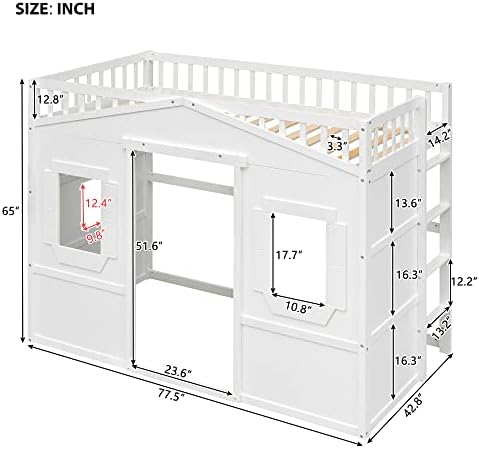 Twin Size Wood Loft Bed, House Bed Frame with Ladder and Safety Guardrails for Kids, No Box Spring Needed, White
