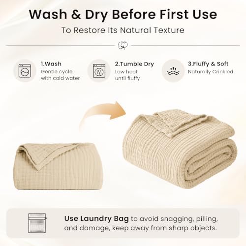 Love's cabin 100% Cotton Muslin Blanket King Size for Bed, Khaki