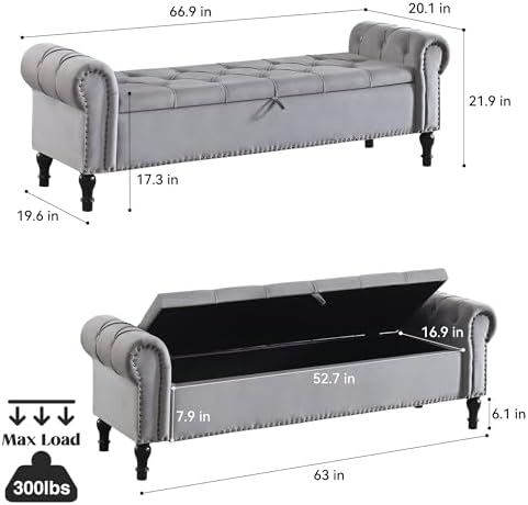 Velvet Storage Bench 67 Inch Upholstered Tufted Ottoman Bench with Arms King Size End of Bed Bench for Bedroom Living Room Entryway Light Grey