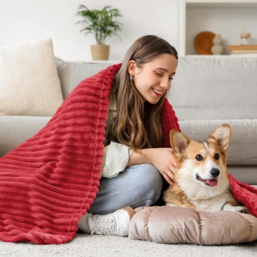 BEDELITE 3D Ribbed Jacquard Red Fleece Throw Blanket for Couch, 50x70 Inch