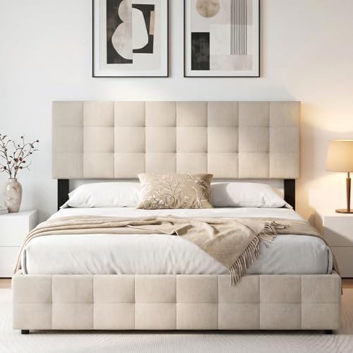 KOMFOTT Linen Upholstered Headboard for Full & Queen Size Bed, Quadrate Channel Tufted Rectangular Headboard with Solid Wood Legs & Adjustable Width, Padded Bed Backboard, Easy Assembly (Beige)