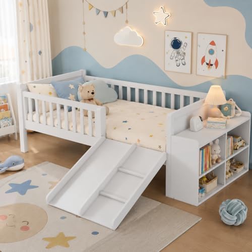 SOFTSEA Twin Size Kids Low Loft Bed with Slide, Wood Loft Bed Frame with Storage Shelves and Guardrails for Boys Girls, White