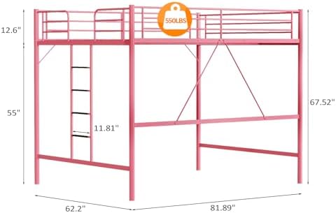 VINGLI Queen Loft Bed with Flat Rungs for Adults, Kids and Young Teens, No Box Spring Required,Heavy Duty Metal Slat Support, Pink