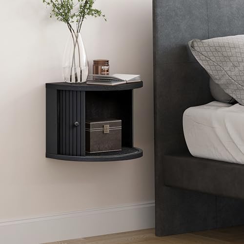 16'' Fully Assembled Floating Nightstand with Storage and Sliding Door - Floating Side Table for Bedroom and Living Room. Mid Century Modern Nightstand Wood, Bedside Shelf Wall Mount (Black Oak)