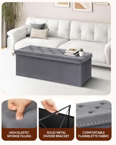 B FSOBEIIALEO Storage Ottoman Bench, 43" Velvet Ottoman With Storage, Grey
