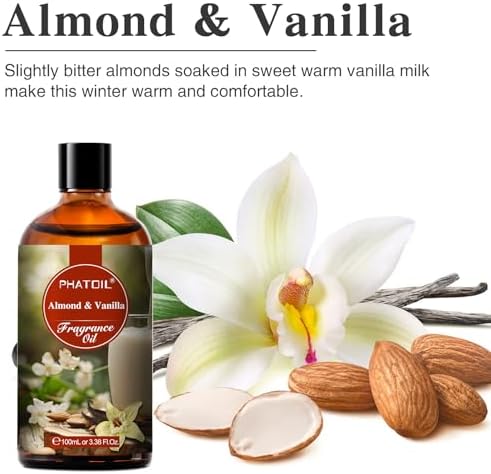 PHATOIL 3.38FL.OZ Almond Vanilla Fragrance Oils for Aromatherapy, Essential Oils for Diffusers for Home, Perfect for Diffuser, Yoga, Skin Care, DIY Candle and Soap Making - 100ml