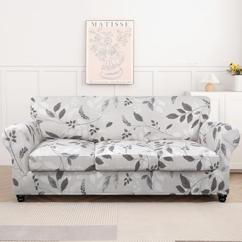 SearchI Stretch Sofa Cover Printed Couch Cover, Floral Pattern 4 Pieces Sofa Slipcover with 3 Separate Cushion Cover, Washable Furniture Protector for Living Room(Sofa, Elegant Foliage)