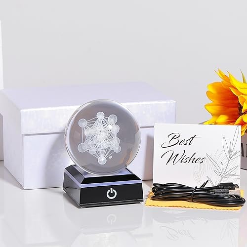 3D Metatron's Cube Crystal Ball with LED Colorful Lighting Touch Base - Flower of Life Night Light - Grid Sacred Geometry Sphere for Meditation Decor Spiritual Decor