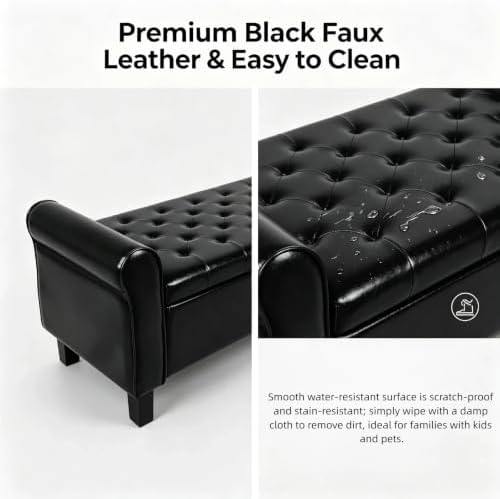 51 Inch Black Faux Leather Storage Ottoman Bench with Rolled Armrests