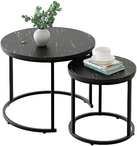 aboxoo Round Nesting Coffee Table Side Set of 2 End Tables for Living Room Bedroom Balcony,Black Faux Marble Wooden Table 23.6IN Accent Large Coffee Table with Steel Frame