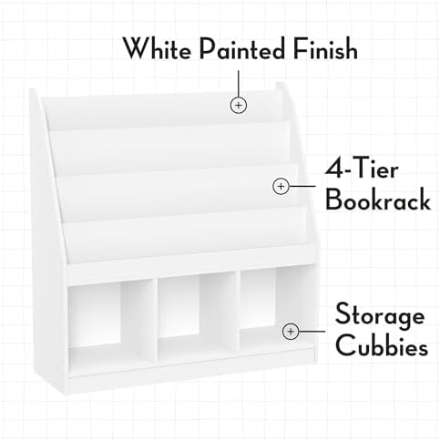 Kids Bookrack with Three Cubbies and 2 Red Bins