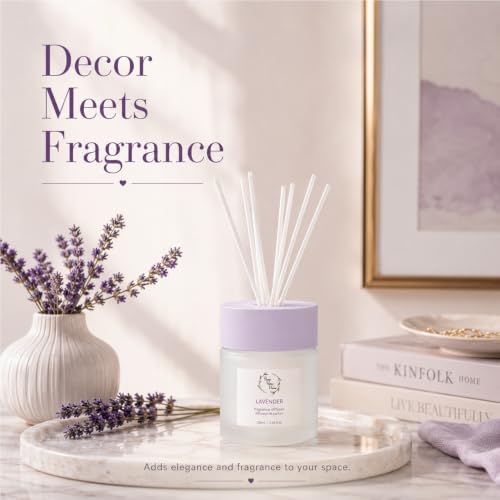 Reed Diffuser for Home, Orelune Lavender Diffuser 100ml/ 3.38fl oz, Reed Diffuser Set Home Fragrance Flower Scent Diffuser for Bathroom Shelf Decor
