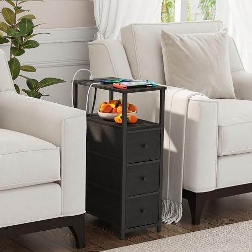 TUTOTAK Narrow Night Stand with Charging Station, Slim End Table