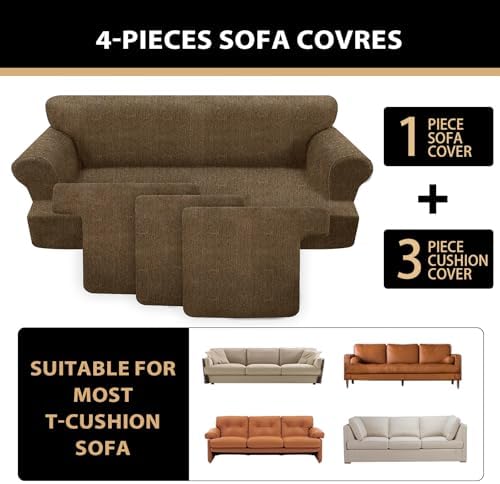 4 Piece T Cushion Sofa Slipcovers Stretch Couch Slip Cover for 3 Cushion Couch Sofa, Machine Washable for Living Room (Chocolate, 3 Cushions)