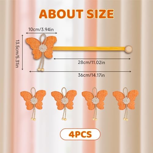 4 Pcs Cute Butterfly Curtain Holdbacks,Magnetic Curtain Tie Backs Decorative Rope for Living Room Bedroom Kitchen Bathroom Decoration (Orange)