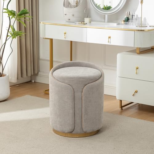 Swivel Vanity Stool with Gold Base Comfy Vanity Chair Modern Round Stool for Makeup Vanity Ottoman Foot Rest for Bedroom livingroom (Light Gray)