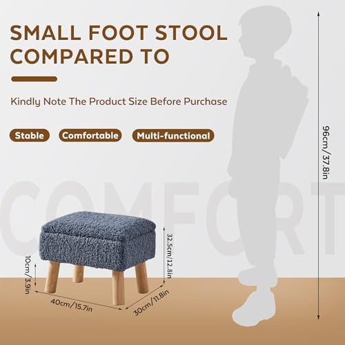 Storage Ottoman, Small Foot Stool Ottoman with Storage, Teddy Velvet Foot Rest with Wood Legs, Footstool for Living Room, Bedroom, Entryway, Blue
