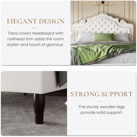 SHA CERLIN Full Size Bed Frame with Adjustable Headboard/Velvet Upholstered/Diamond Button Tufted and Metal Studs/No Box Spring Needed/Sturdy Wood Slat Support/Easy Assembly/White