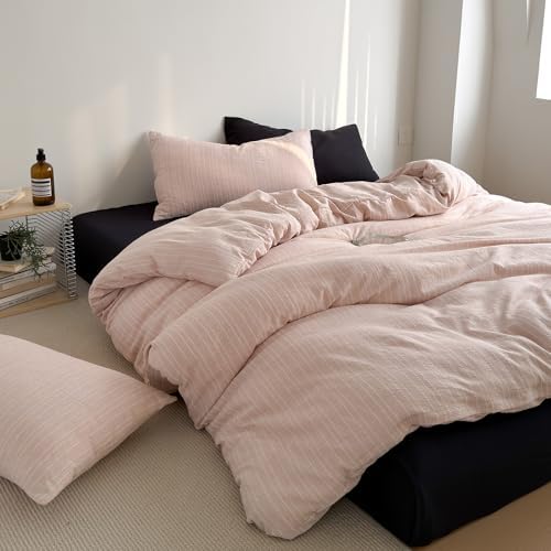 Vintage Pink Striped Twin Duvet Cover 3Pcs Cottagecore Textured Bedding Set