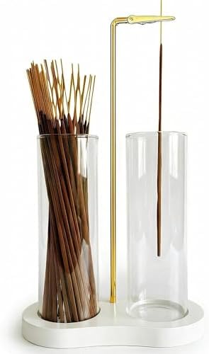 Glass Incense Holder,White Nordic Minimalist Incense Sticks Burner Holder with Storage,Luxe Hang Upside Down Incense Holder for Sticks with Ash Catcher for Meditation Yoga Room (White)