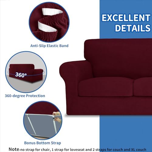 MAXIJIN 2 Piece Chair Covers Chair Slipcover with Arms, Sofa Chair Cover for Living Room Armchair Cover, Stretch Pet Dog Slip Cover for A Chair with 1 Cushion (31"-46", Wine Red)