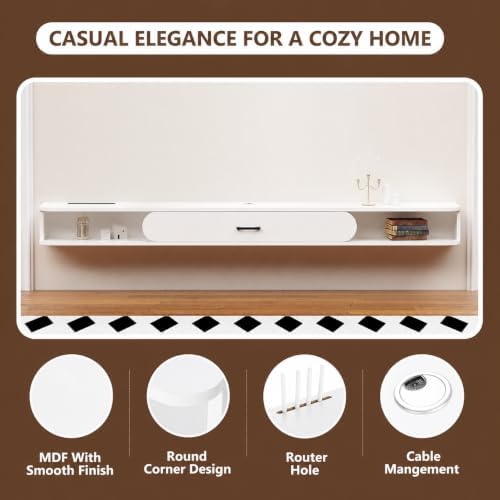 GHC Floating TV Stand, 75'' Wall Mounted TV Cabinet, Floating Shelves with Door, Media Console for DVD Player, Space-Saving Under TV Shelf for Bedroom & Living Room (White)