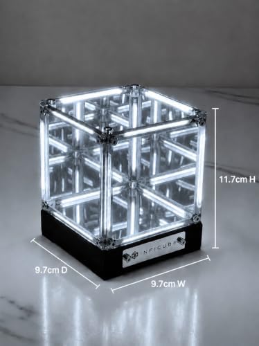 Infinity Mirror Cube Lamp with Display Case, Cool White 6000K | Tesseract Abyss Light, USB-C Rechargeable, Touch Dimmable LED Desk Decor for Gaming Room, Bedroom & Shelf