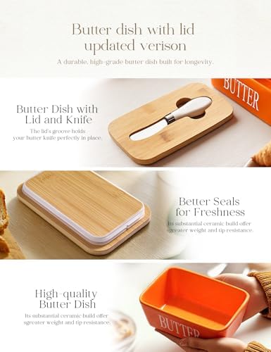 Ceramic Butter Dish with Lid and Knife Silicone Seal for Countertop Orange