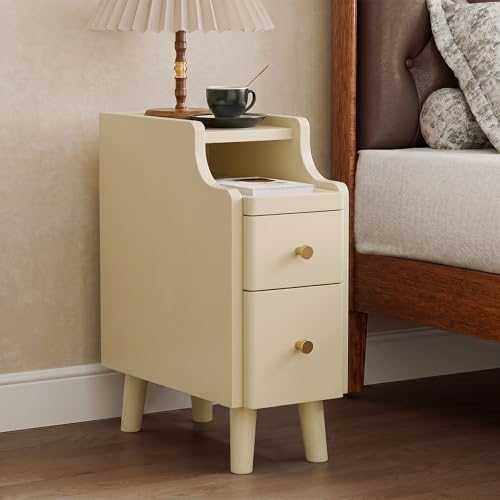 Nightstand, Pre-Assembled, 19.7“H Solid Wood Narrow Night Stand with 2 Drawers, Open Sliding Shelf, Mid Century Modern Small Bedside Table for Bedroom, Cream 8"