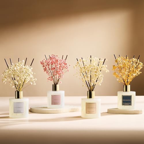 COCORRÍNA Reed Diffuser - Moroccan Amber 6.7 Fl.oz Reed Diffuser Set with Sticks & Preserved Baby's Breath, Reed Diffuser for Home Bathroom Shelf Decor