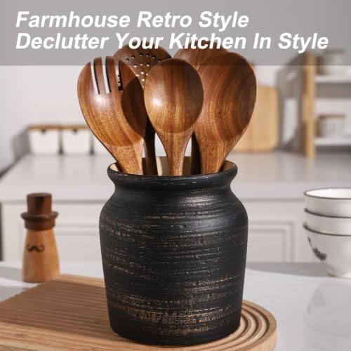 Ceramic Farmhouse Kitchen Utensil Holder for Countertop, Rustic Cooking Utensil Holder Crock Fit for Kitchen Counter. Copper Color.