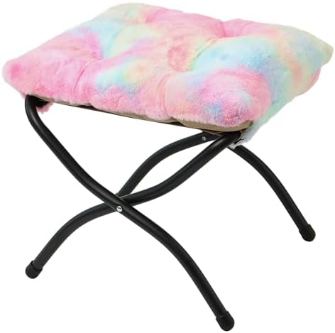 15"(H) Folding Ottoman, Foldable Footrest Stool, Portable Small Foot Stool for Couch, Collapsible Foot Rest Ottoman for Sofa, Accent Padded Ottomans for Living Room, Bedroom, Rainbow