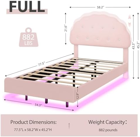 Decofy Full Size Bed Frame with Headboard and LED Lights, Cloud Floating Upholstered Bed Frames with Adjustable Headboard and Raised Footboard for Princess and Prince Bedroom, Teddy Velvet, Pink